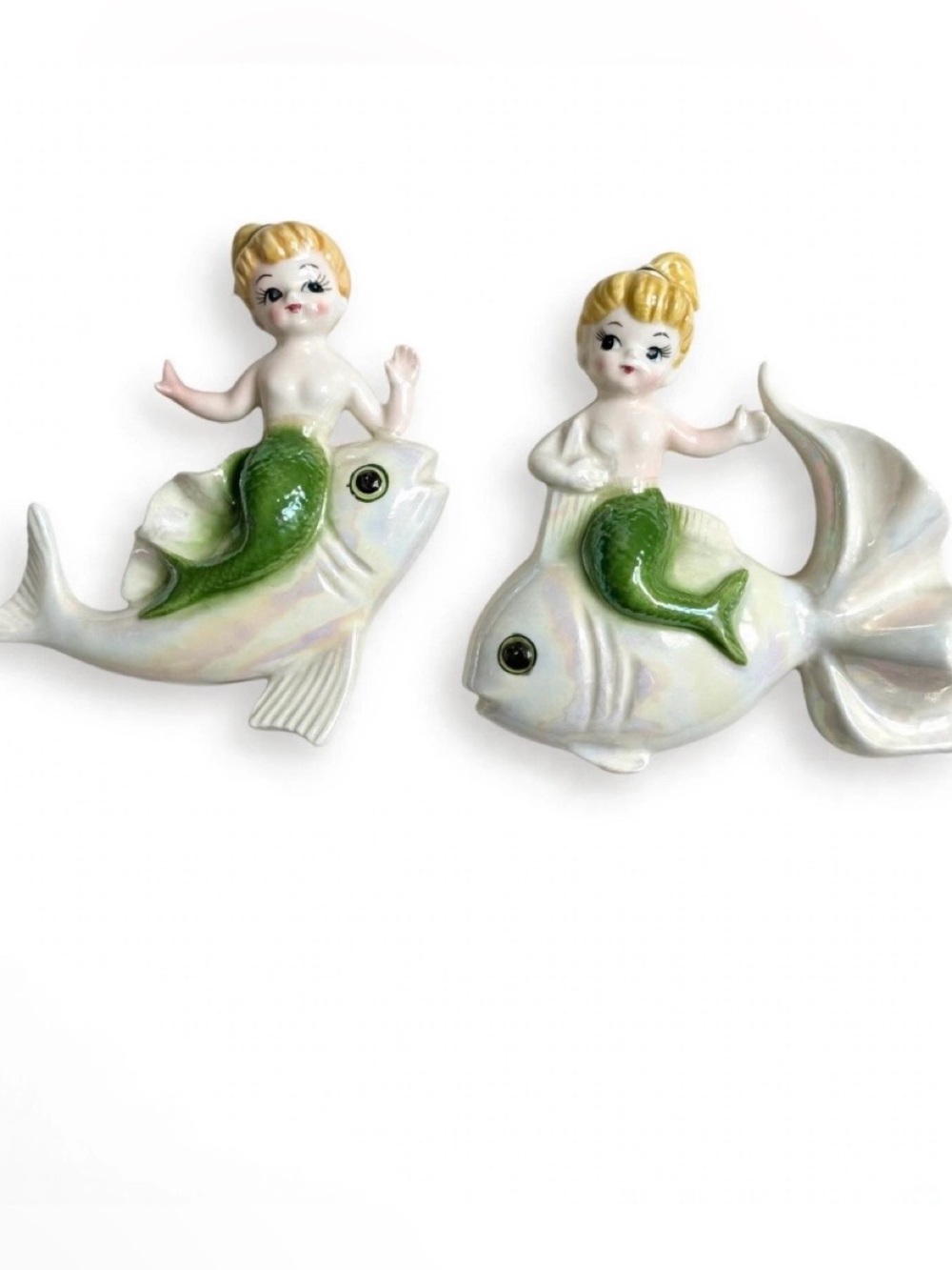 Vintage 1950’s Bradley Japan Mermaid Riding Fish Wall Plaques Pair Iridescent